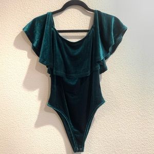 Emerald green velvet off-shoulder body suit
